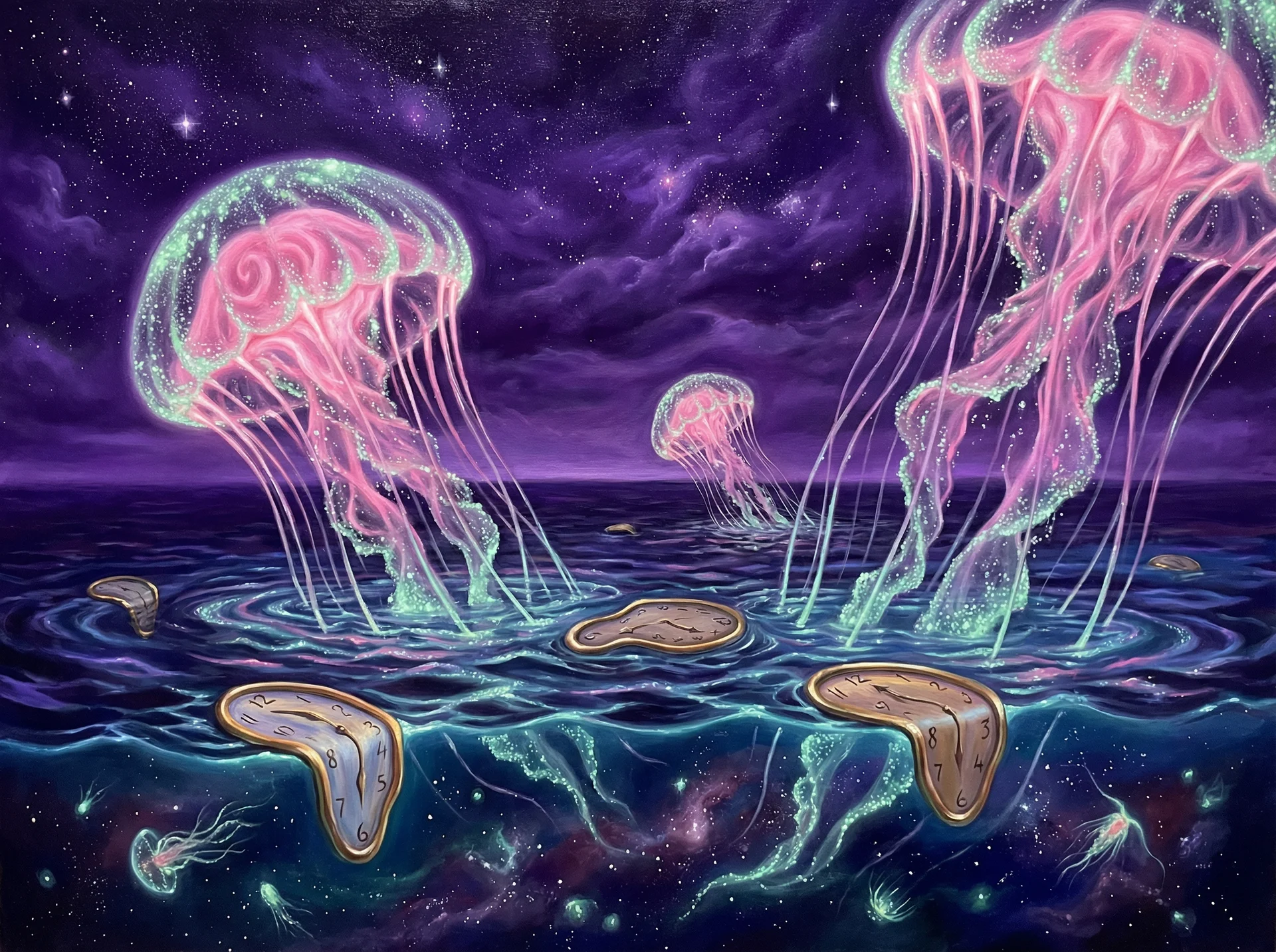 超现实梦境画作 - 深海水母与融化时钟，关联 快乐8 幸运号码