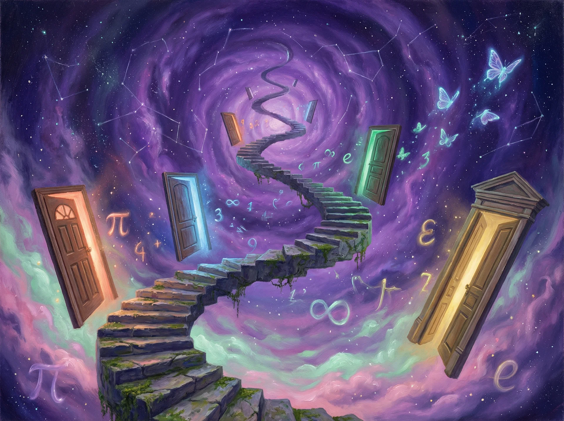 超现实梦境画作 - 无限阶梯与浮动之门，关联 快乐8 幸运号码