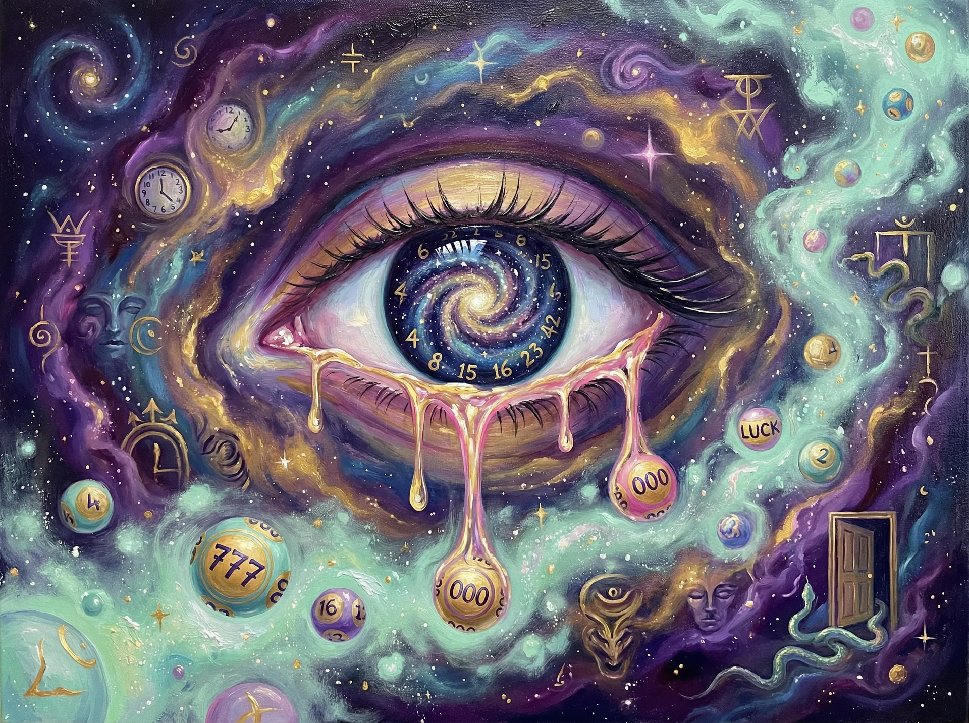 超现实梦境画作 - 宇宙之眼与银河虹膜，关联 快乐8 幸运号码