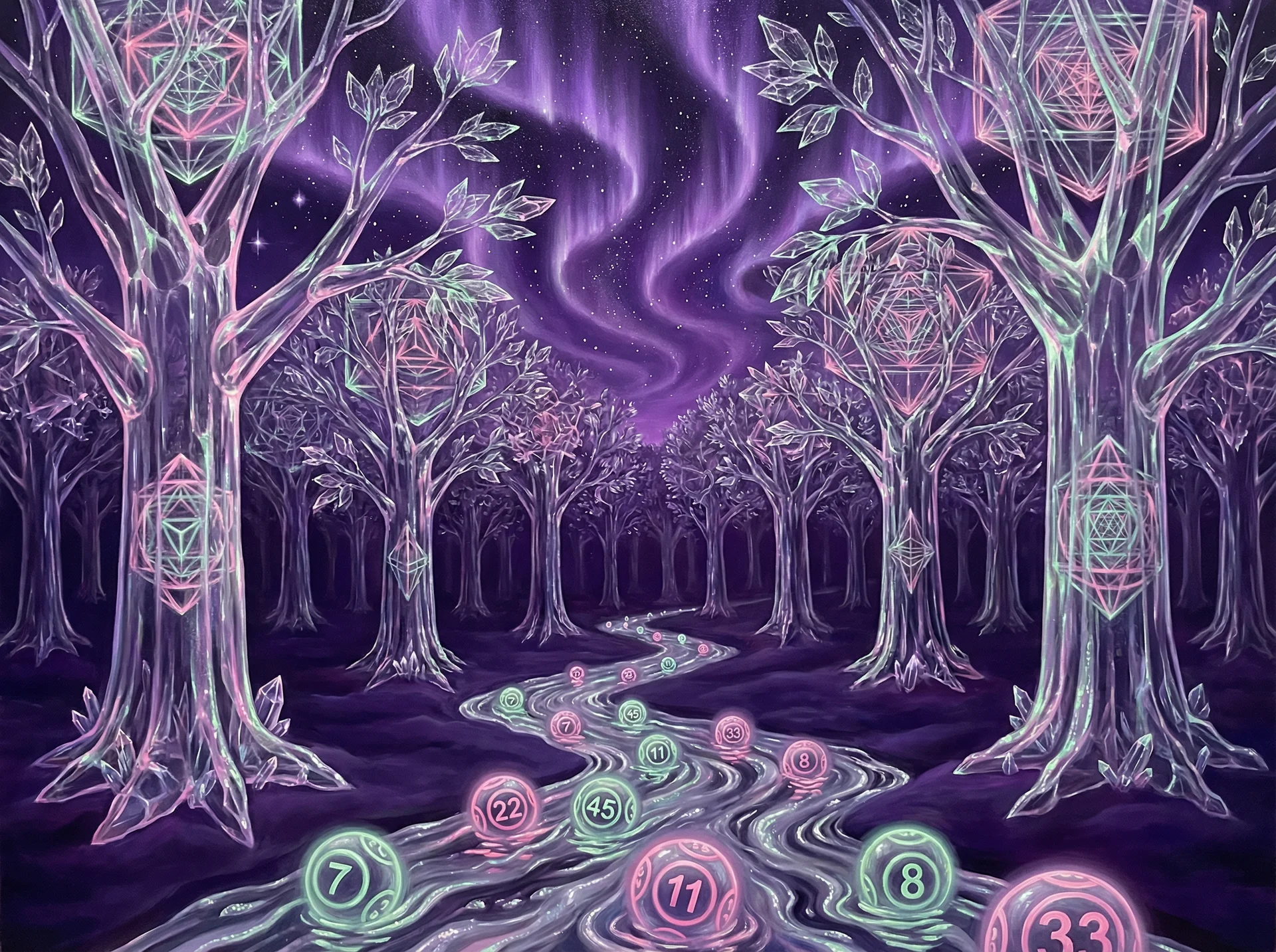 超现实梦境画作 - 水晶森林与银河之河，关联 快乐8 幸运号码