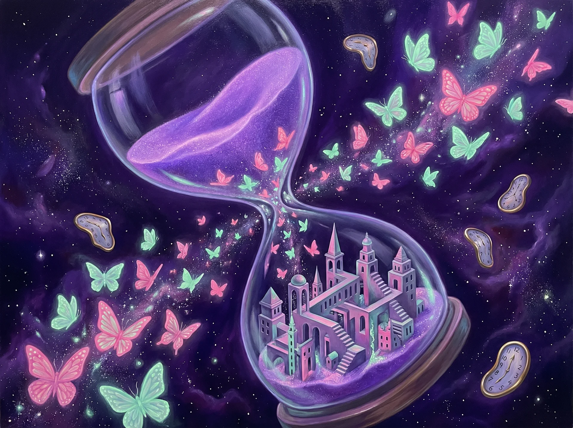 超现实梦境画作 - 时间沙漏与蝴蝶变幻，关联 快乐8 幸运号码