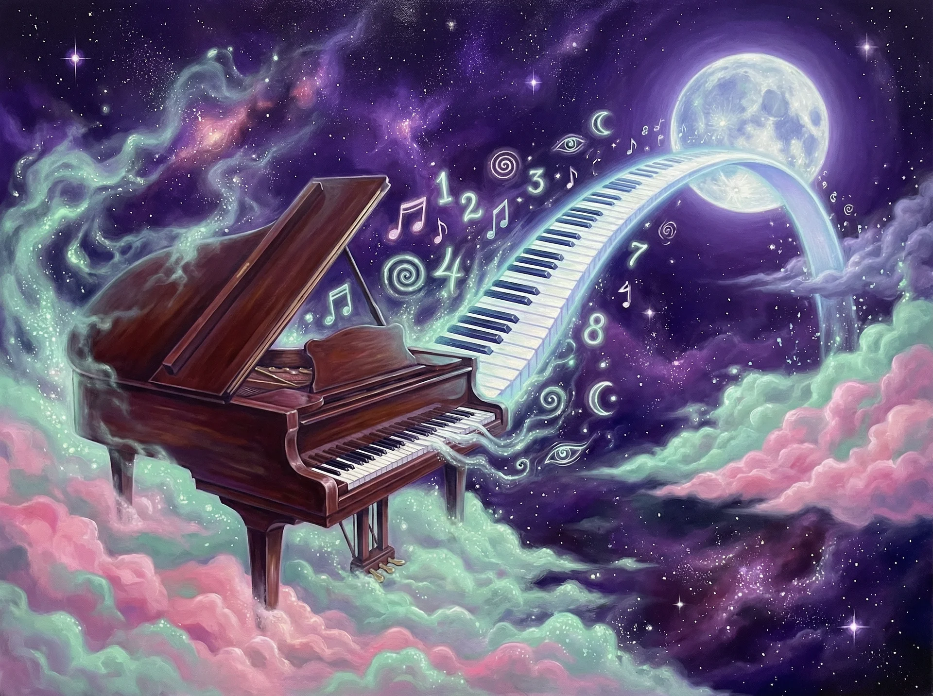 超现实梦境画作 - 宇宙钢琴与月光之桥，关联 快乐8 幸运号码